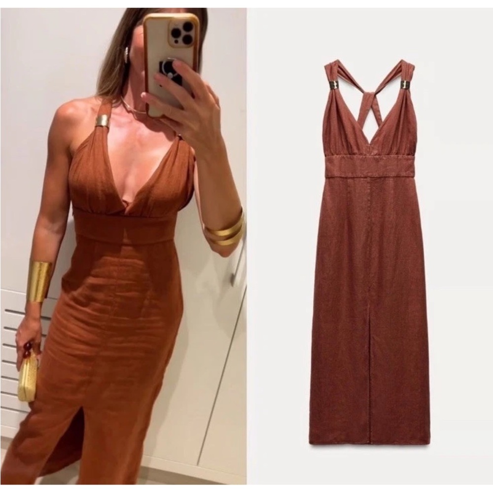 Zara linen midi brown dress strappy v neck